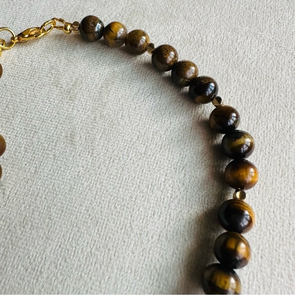 Genuine Tiger Eye Bead Necklace 18k Gold Plated Lion Pendant 18 Inches - Picture 7 of 17